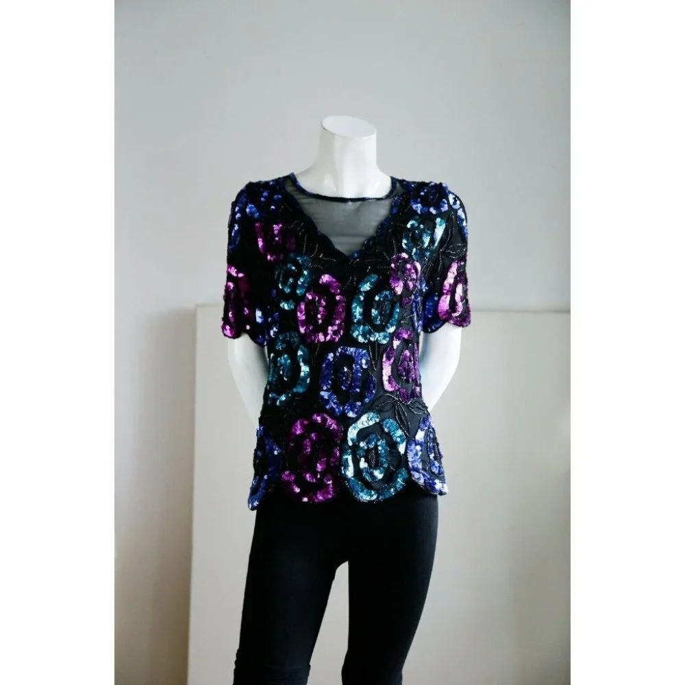Vintage Leslie Fay Evening Silk Sequin Beaded Teal Pink  Sparkly Top S - Picture 2 of 7